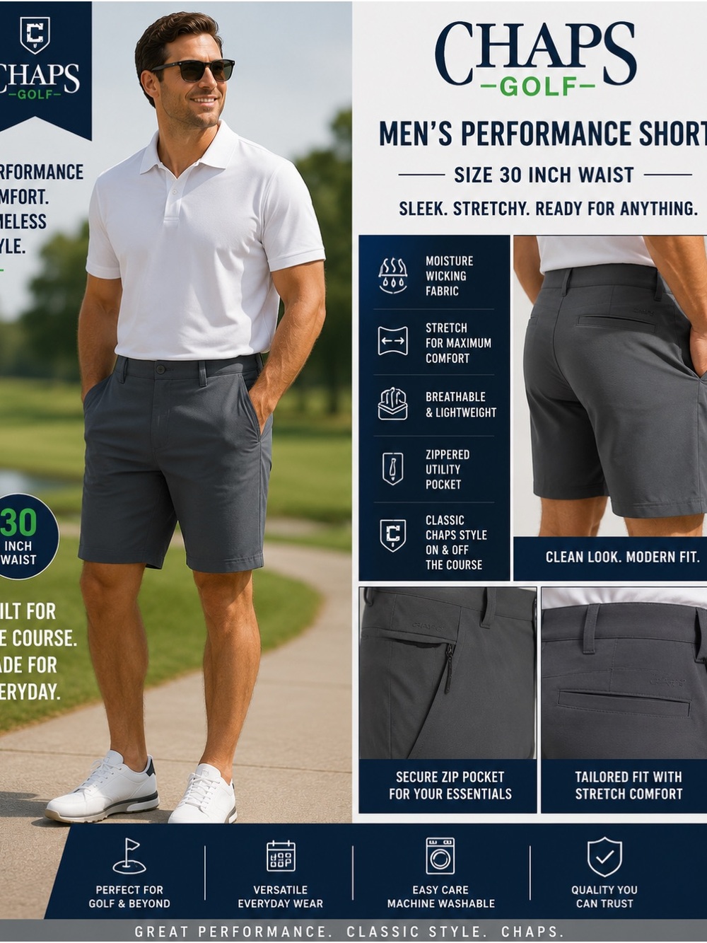 Chaps Men's Gray Performance Golf Hybrid Shorts